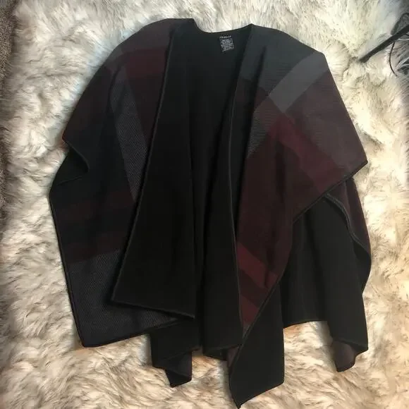Ike Behar Checkered Plaid Red, Gray, Black Reversible Poncho Wrap - Picture 7 of 10